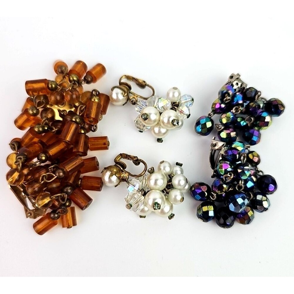 Vintage Clip Earrings Lot Of 3 Cluster Bead Styles West Germany AB Glass Pearl